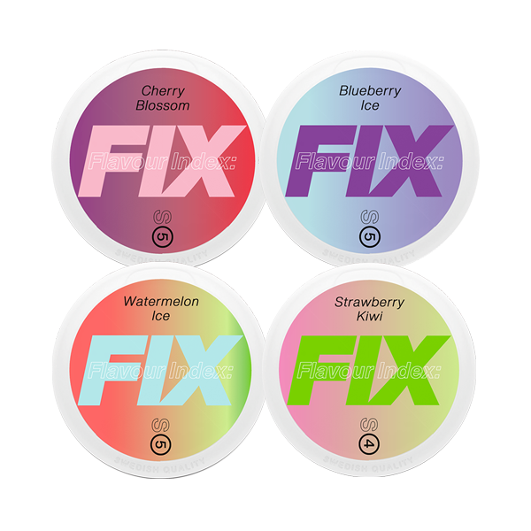 FIX Mix - Four round FIX Snus containers in cherry blossom, blueberry ice, watermelon ice, and strawberry kiwi flavors with colorful.