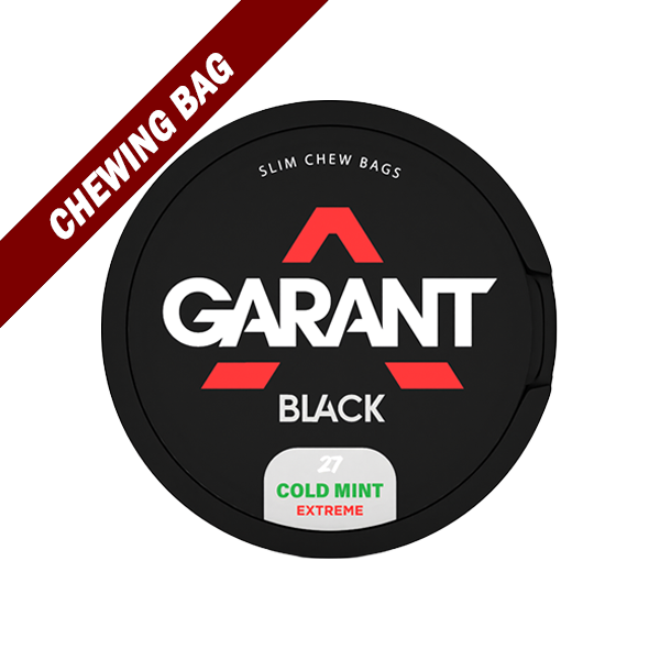 Black Extreme Cold Mint - Black Garant Snus tin with red accents labeled Extreme Cold Mint chewing bags, 27 count.